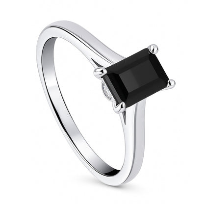 Solitaire 1ct Black Emerald Cut CZ Ring in Sterling Silver