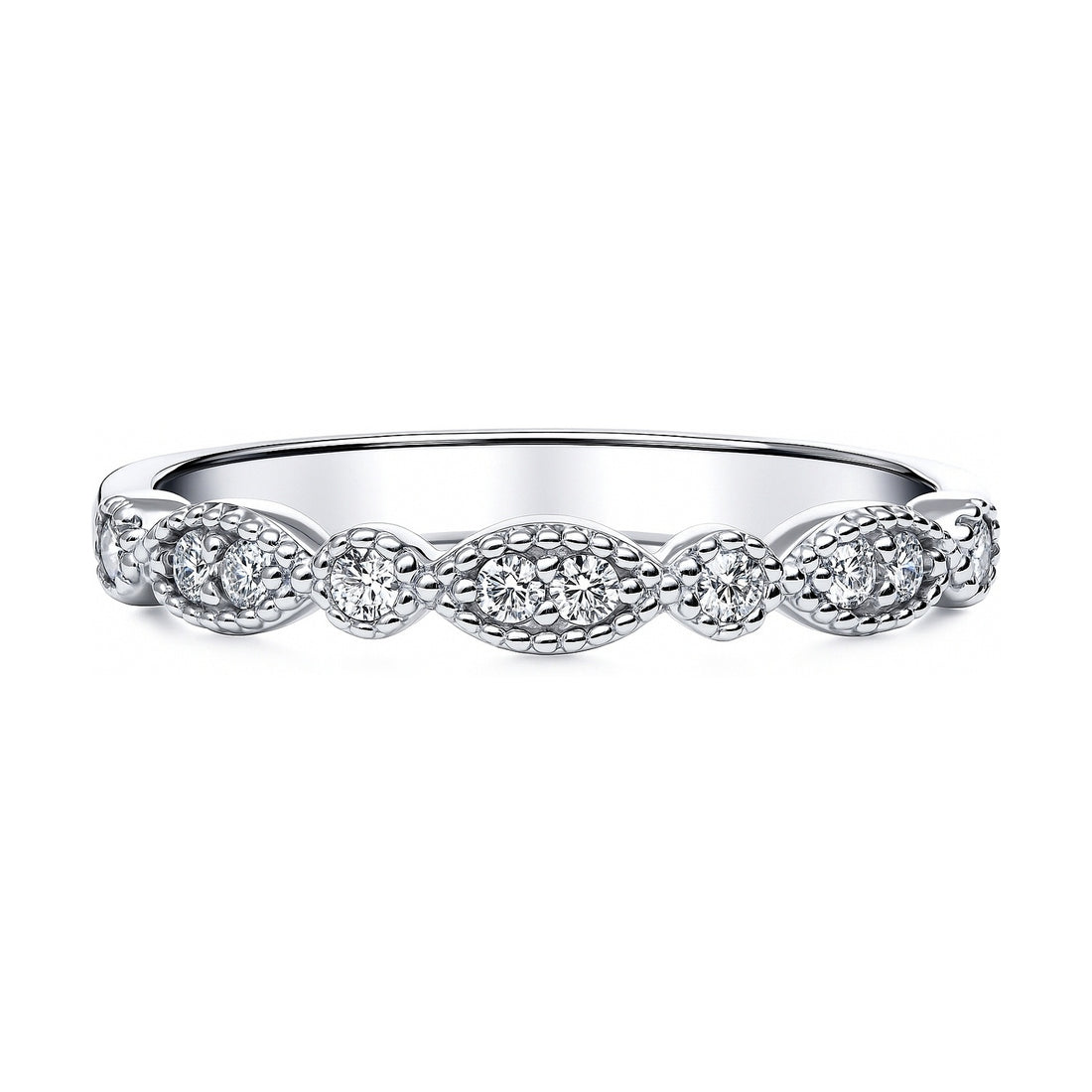 Milgrain Art Deco Crown Set CZ Eternity Ring in Sterling Silver