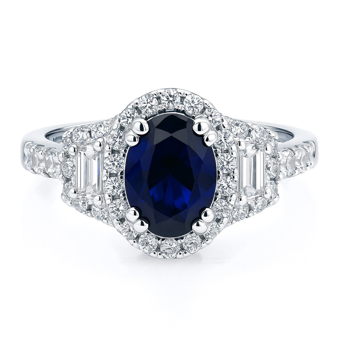 3-Stone Halo Art Deco Sapphire-Blue CZ Ring in Sterling Silver