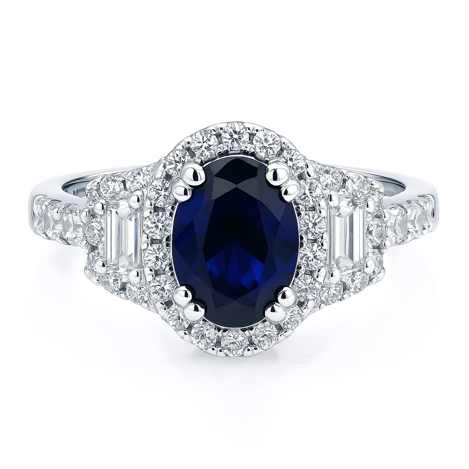 3-Stone Halo Art Deco Sapphire-Blue CZ Ring in Sterling Silver