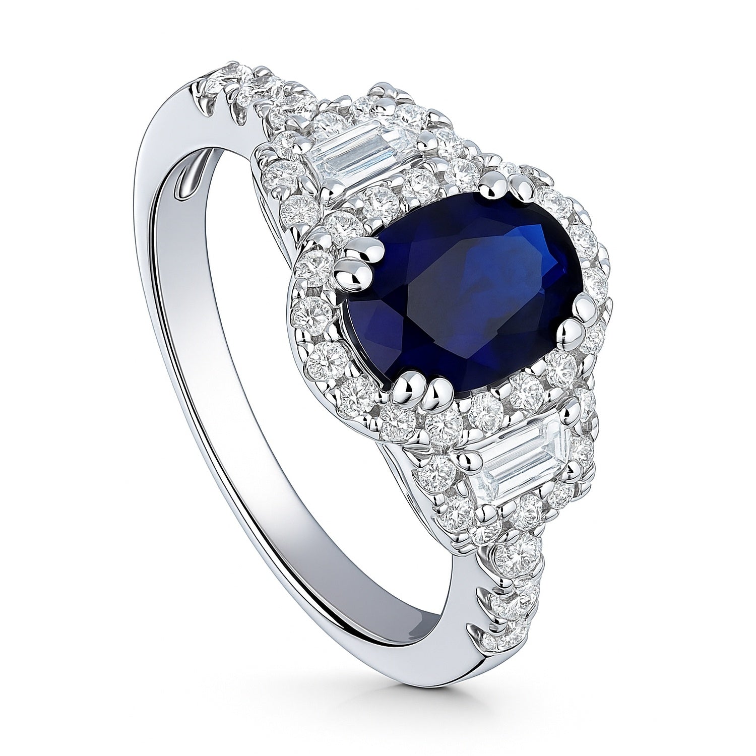 3-Stone Halo Art Deco Sapphire-Blue CZ Ring in Sterling Silver, 4 of 9