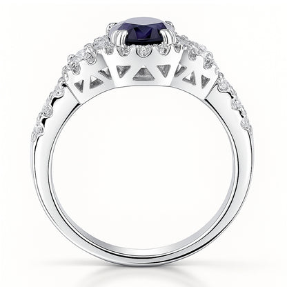 3-Stone Halo Art Deco Sapphire-Blue CZ Ring in Sterling Silver