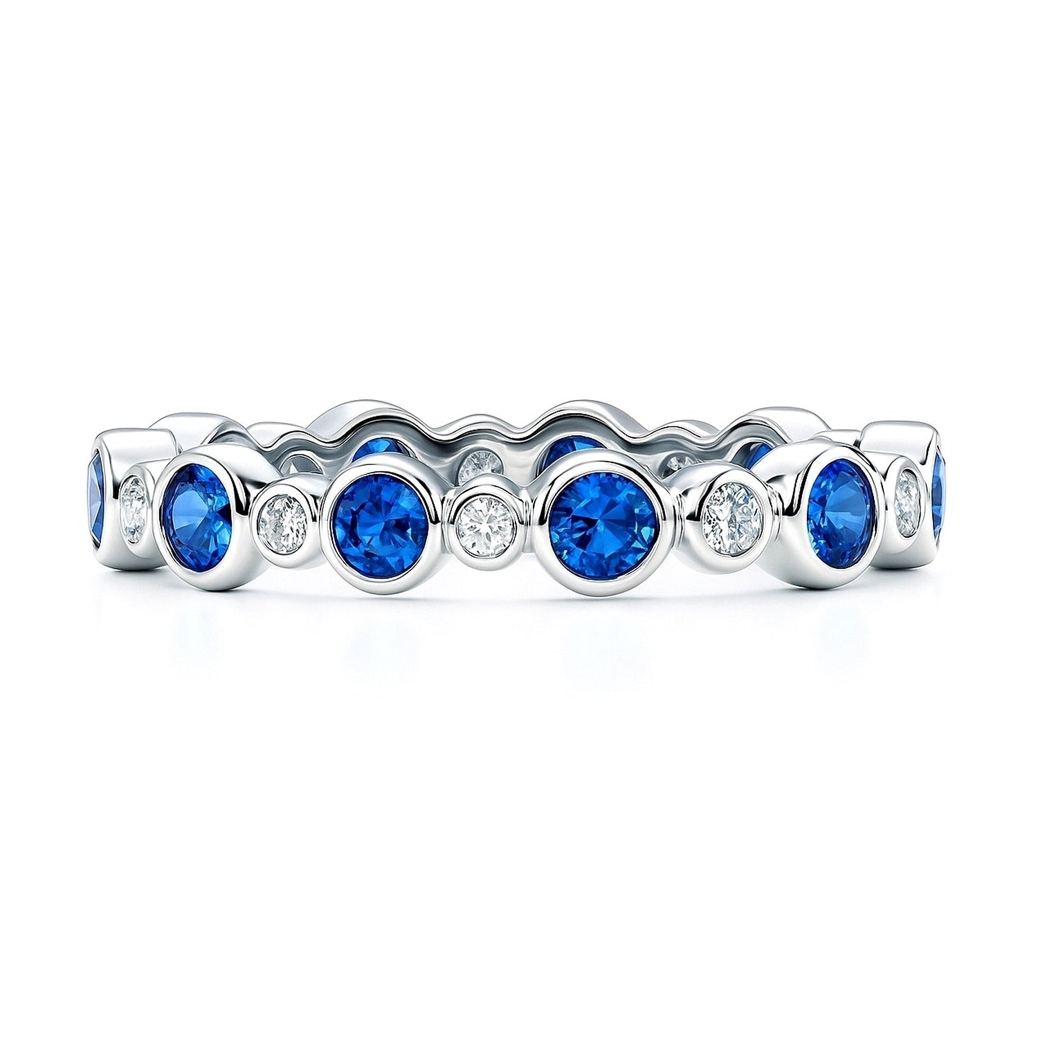 Bubble Sapphire-Blue Bezel CZ Eternity Ring in Sterling Silver