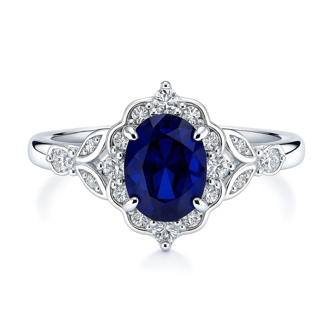 Halo Art Deco Sapphire-Blue Oval CZ Ring in Sterling Silver