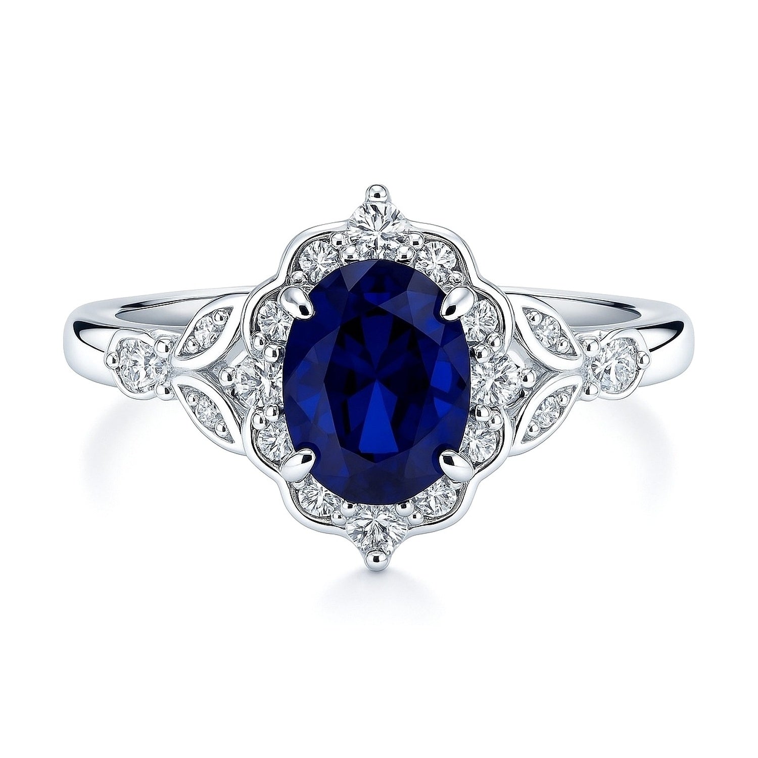 Halo Art Deco Sapphire-Blue Oval CZ Ring in Sterling Silver, 1 of 10