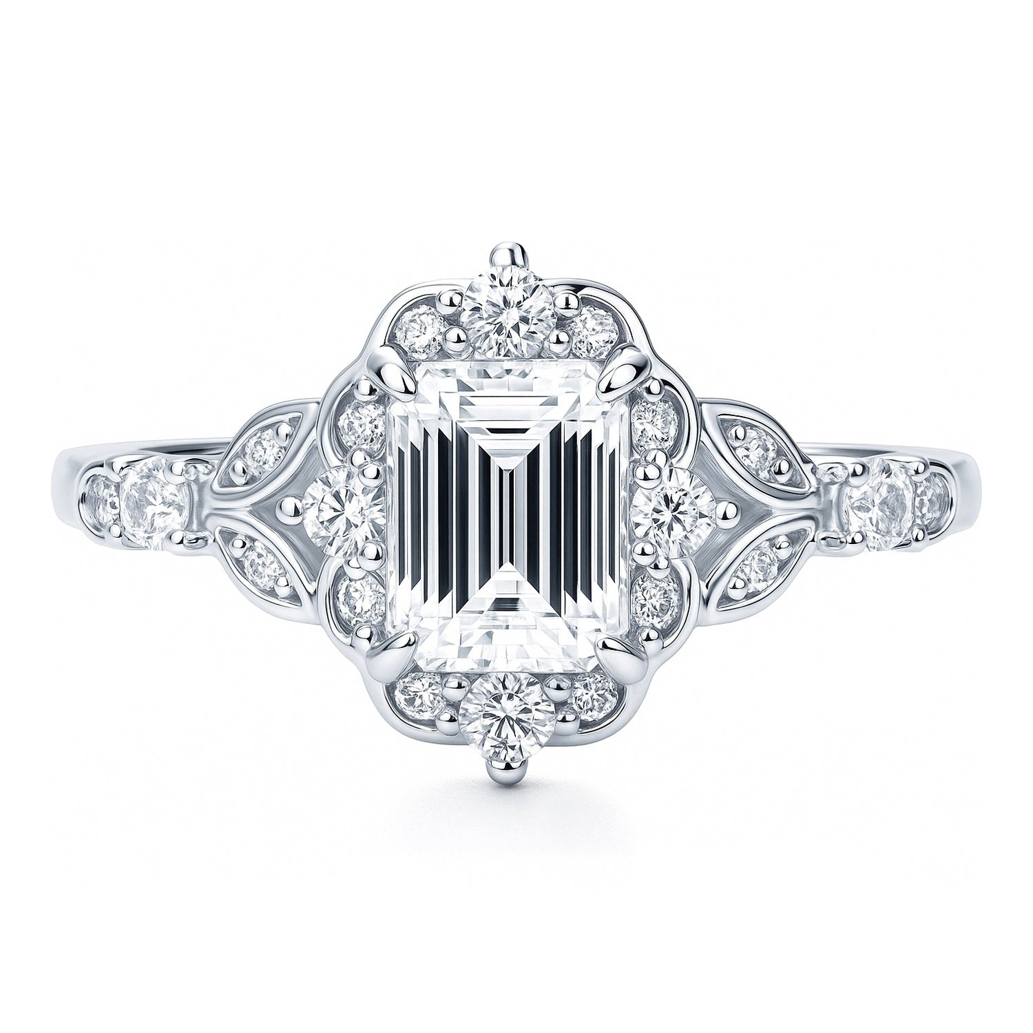 Halo Art Deco Emerald Cut CZ Ring in Sterling Silver, 1 of 9