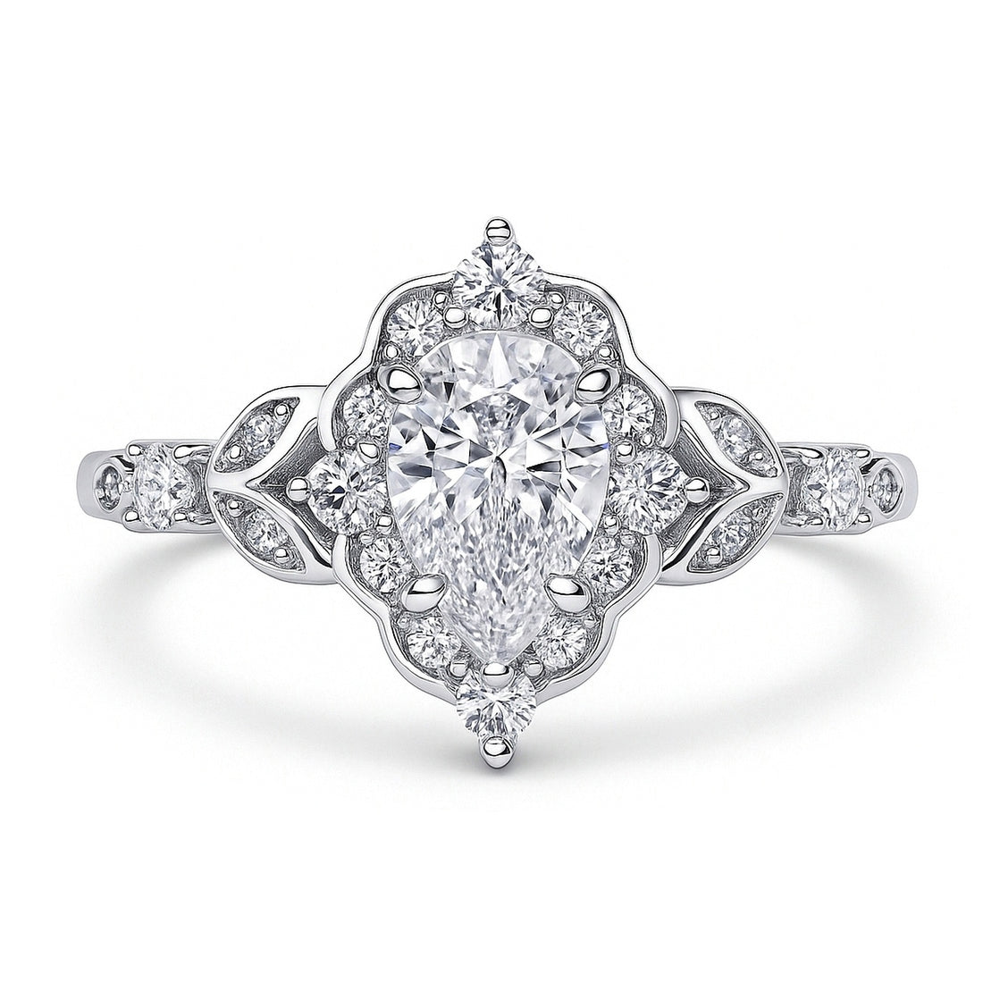 Halo Art Deco Pear CZ Ring in Sterling Silver