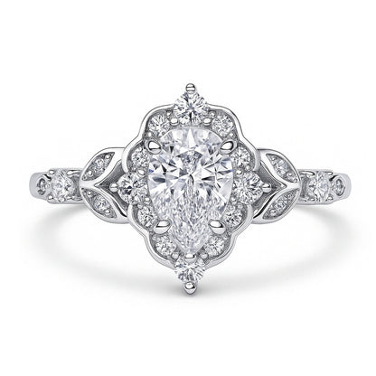 Halo Art Deco Pear CZ Ring in Sterling Silver