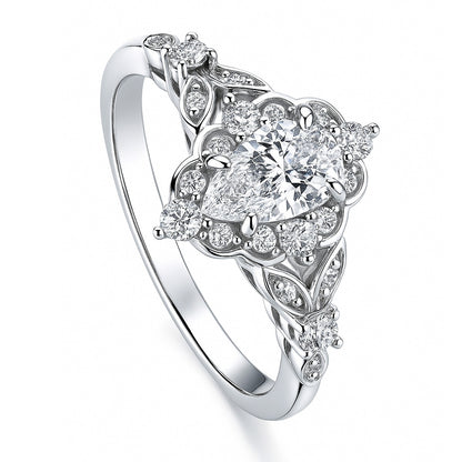 Halo Art Deco Pear CZ Ring in Sterling Silver