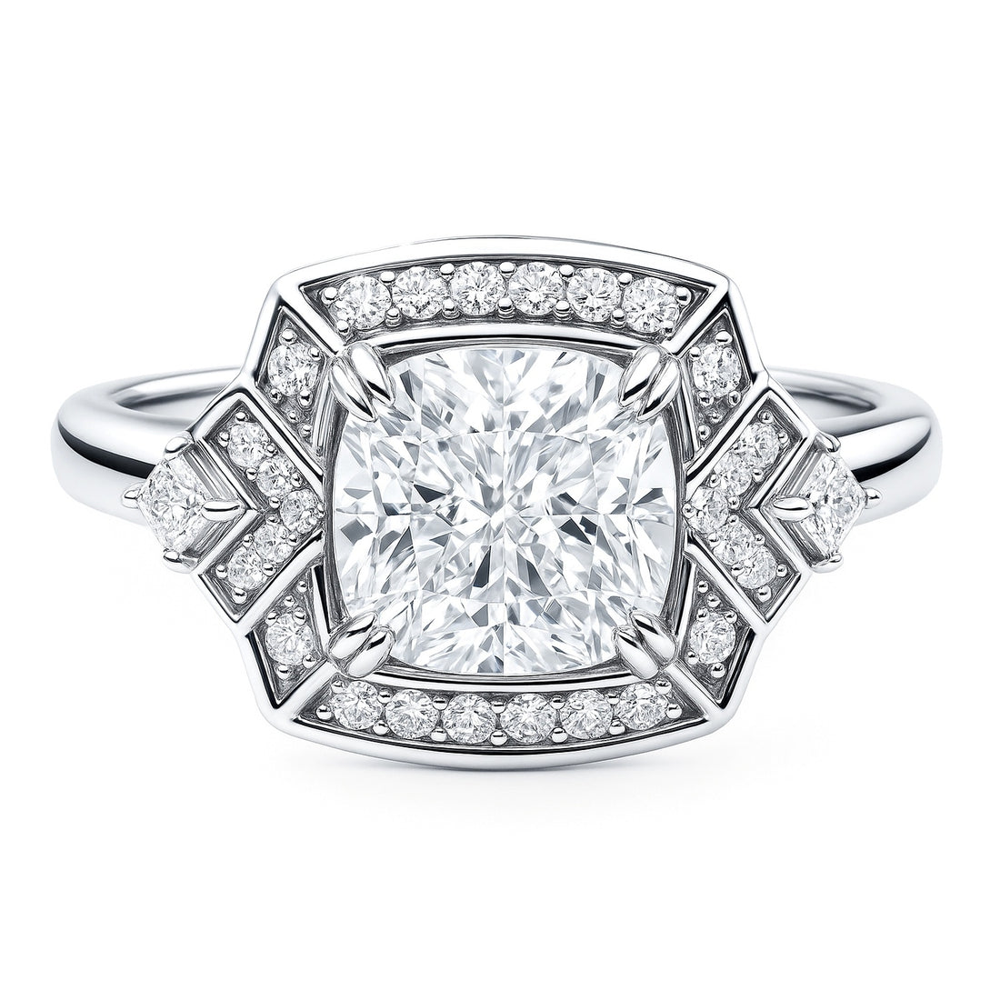 Halo Arrow Art Deco Cushion CZ Ring in Sterling Silver