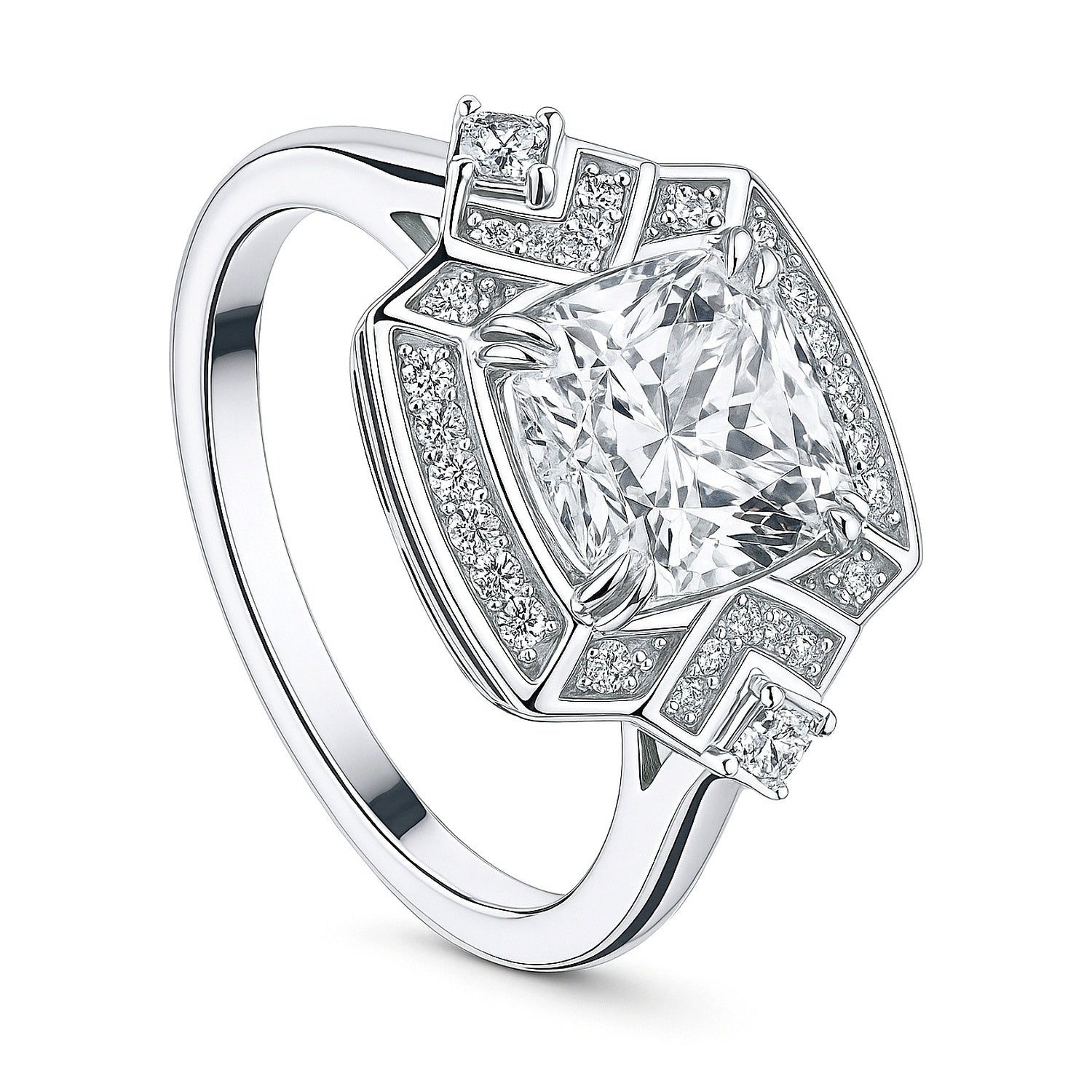 Halo Arrow Art Deco Cushion CZ Ring in Sterling Silver