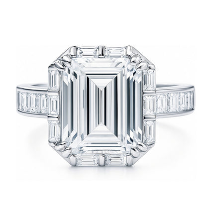 Halo Art Deco Emerald Cut CZ Ring in Sterling Silver