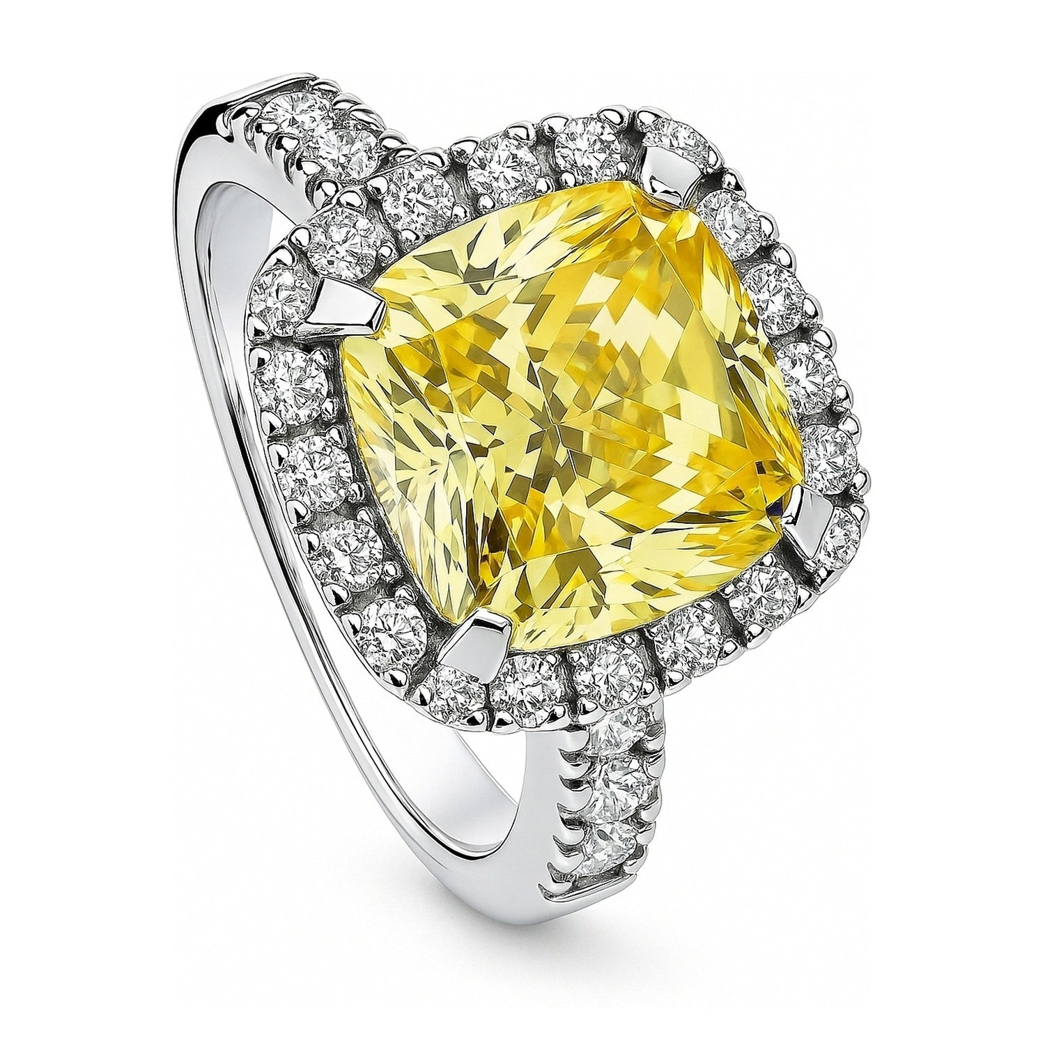 Halo Canary Yellow Cushion CZ Ring in Sterling Silver
