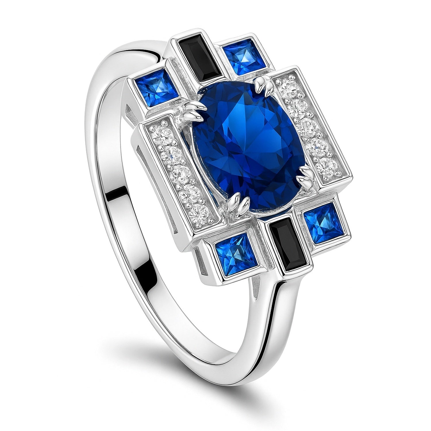 Art Deco Sapphire-Blue CZ Ring in Sterling Silver