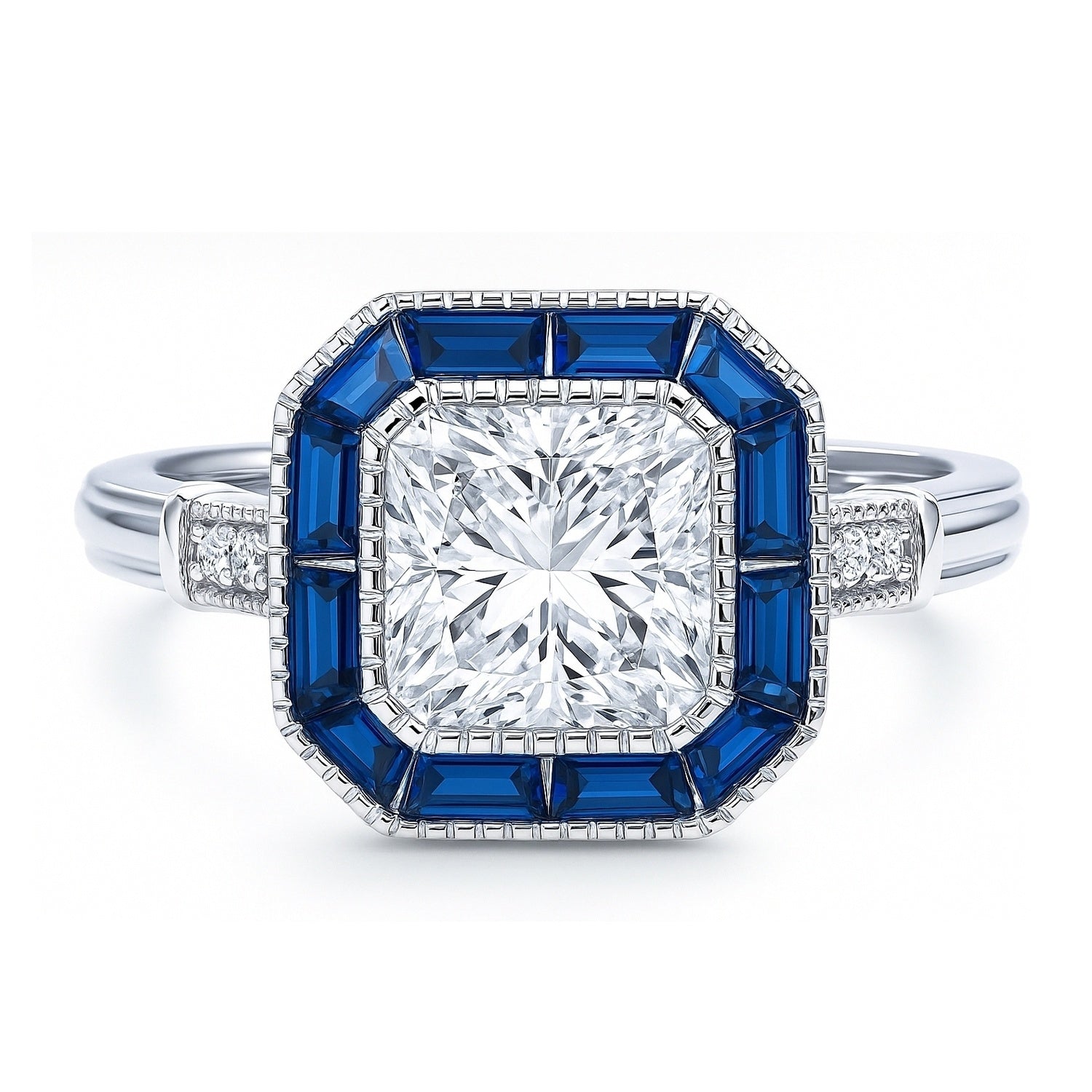 Halo Art Deco Milgrain Princess CZ Ring in Sterling Silver, 1 of 10