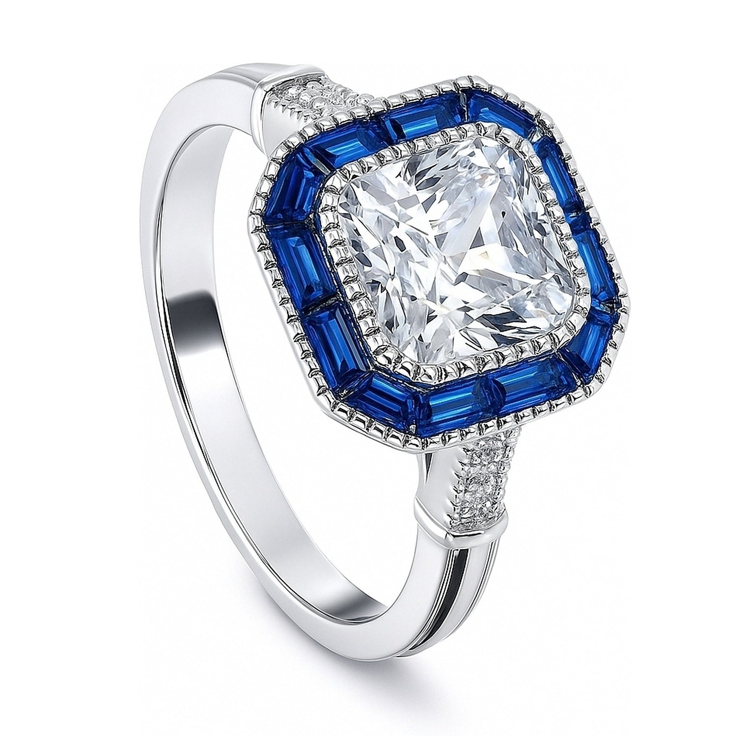 Halo Art Deco Milgrain Princess CZ Ring in Sterling Silver