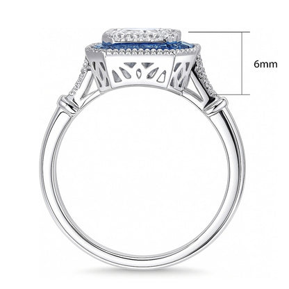 Halo Art Deco Milgrain Princess CZ Ring in Sterling Silver