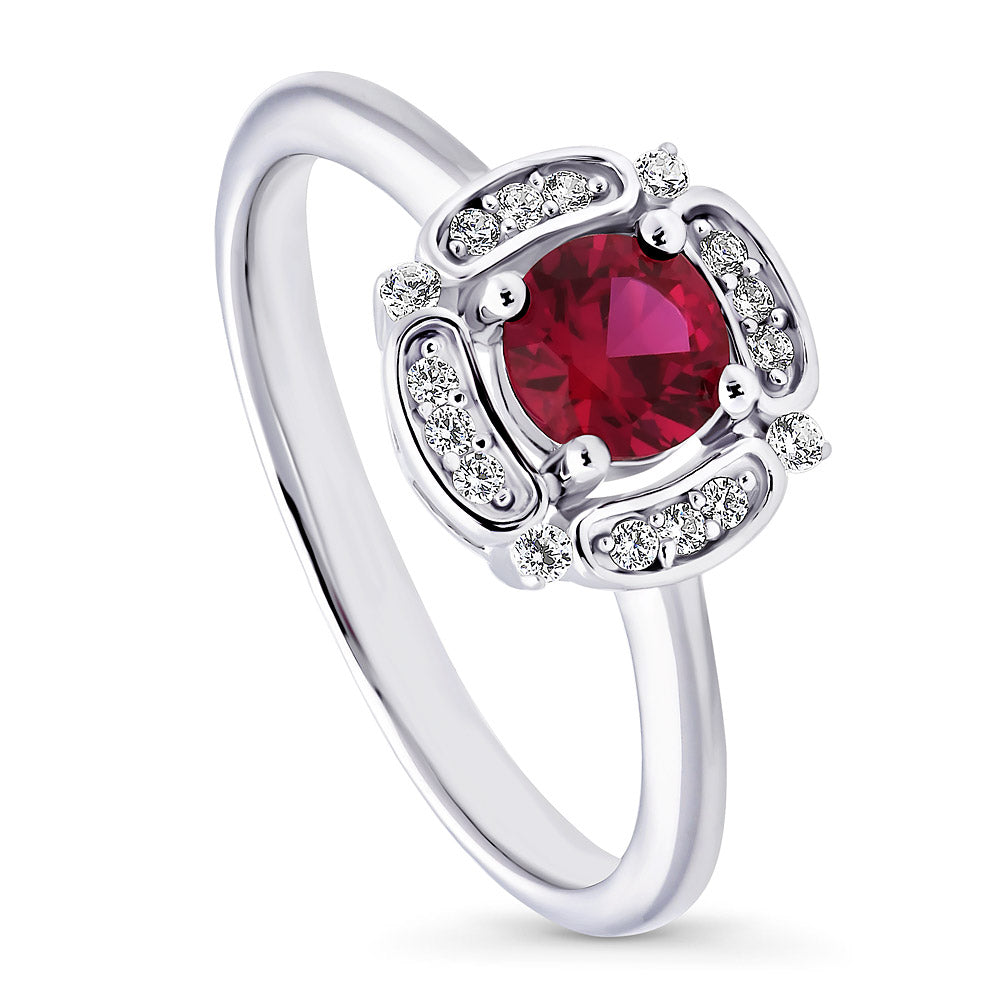 Front view of Halo Flower Simulated Ruby CZ Ring in Sterling Silver, 4 of 11