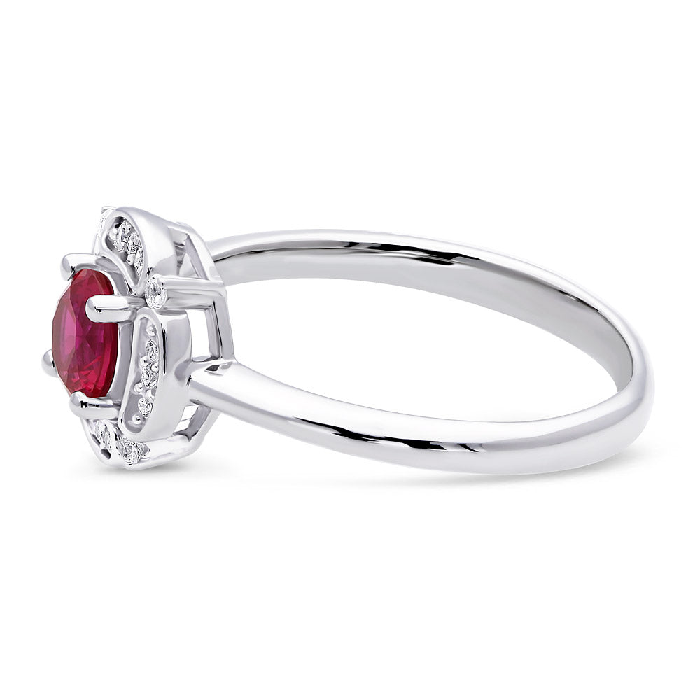 Angle view of Halo Flower Simulated Ruby CZ Ring in Sterling Silver, 5 of 11