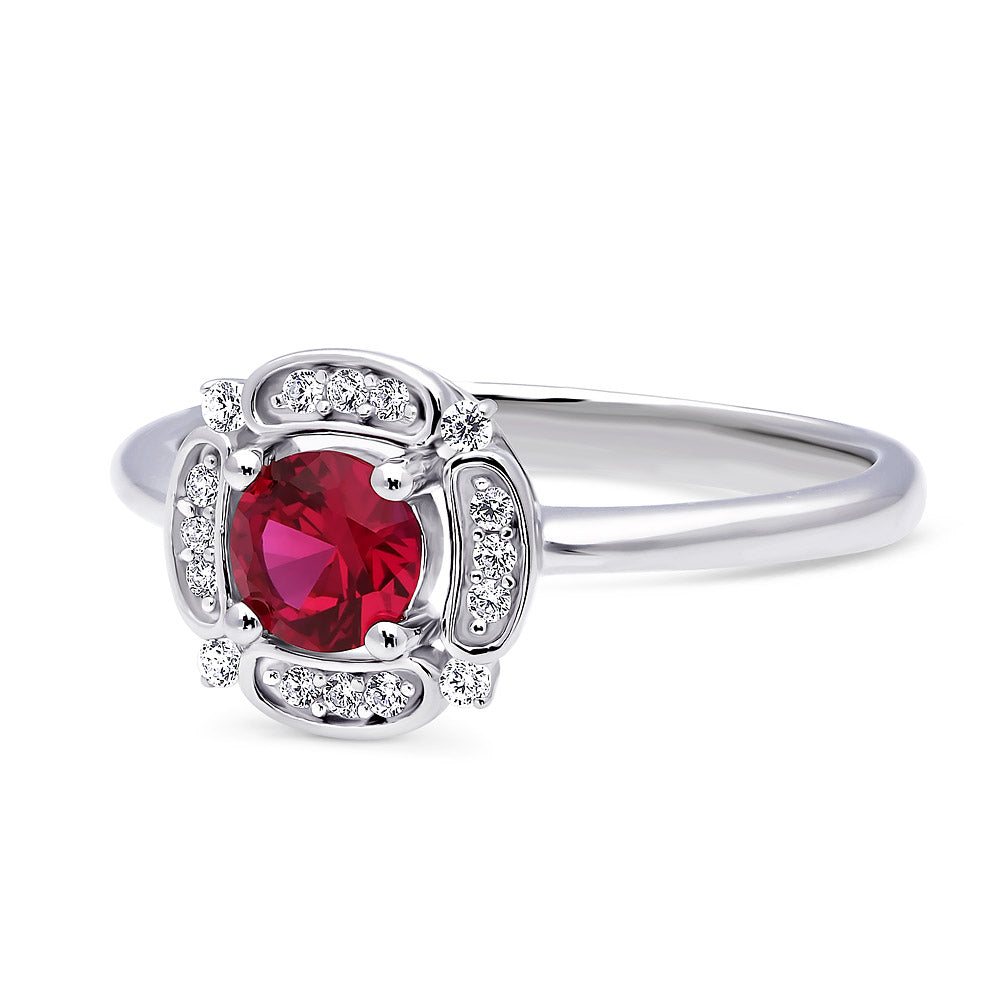 Side view of Halo Flower Simulated Ruby CZ Ring in Sterling Silver, 9 of 11