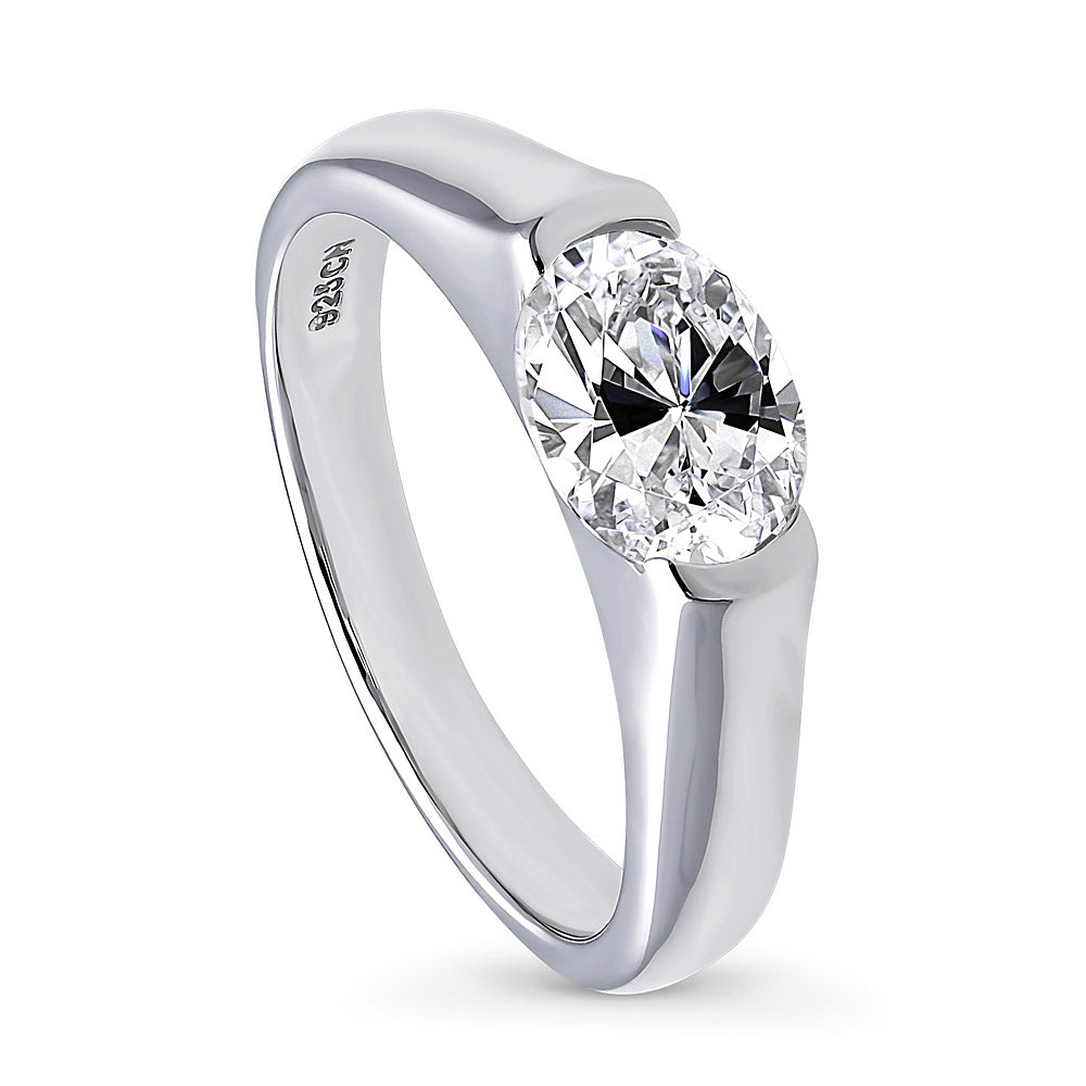 Solitaire 1.2ct Half Bezel Set Oval CZ Ring in Sterling Silver