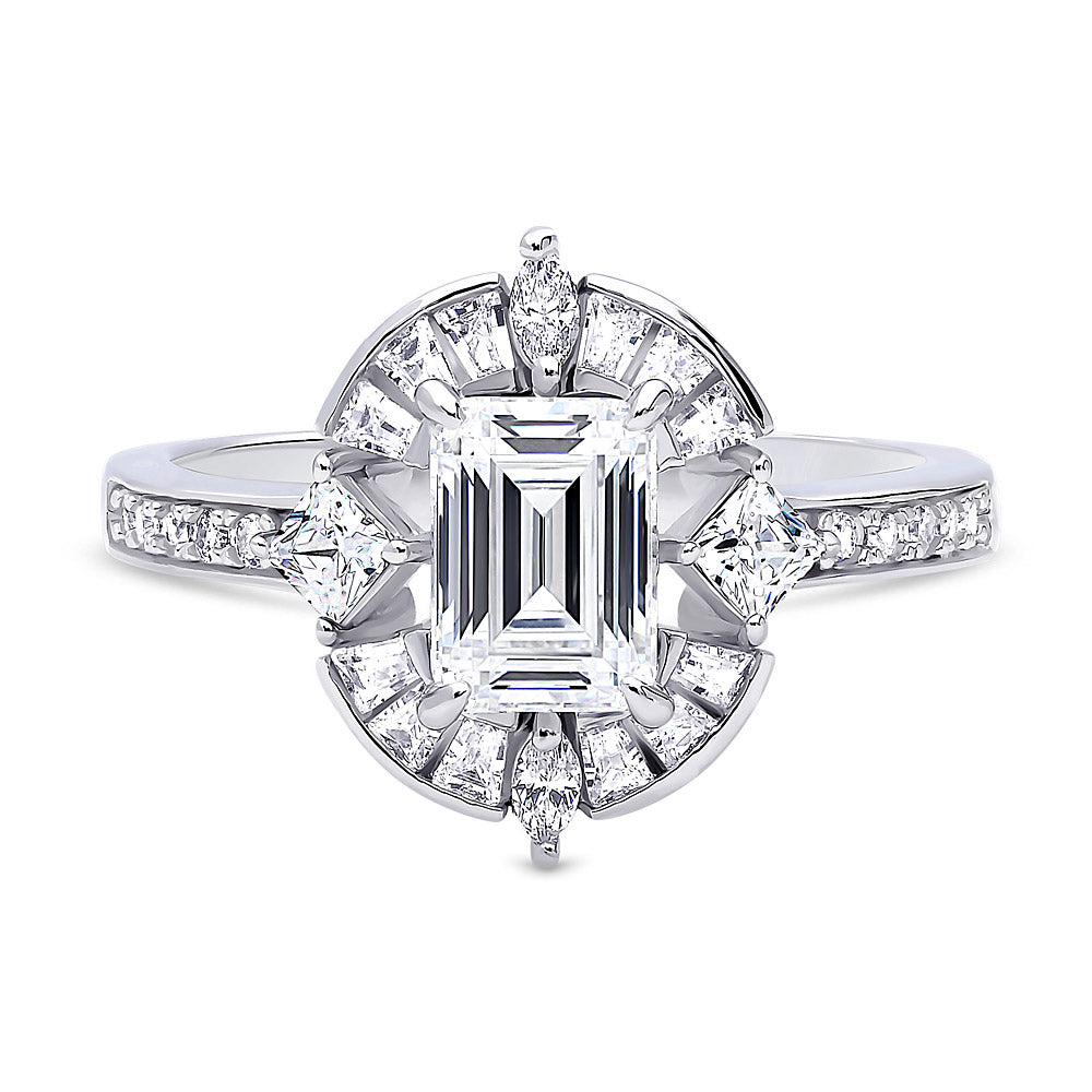 Halo Art Deco Emerald Cut CZ Ring in Sterling Silver, 1 of 4