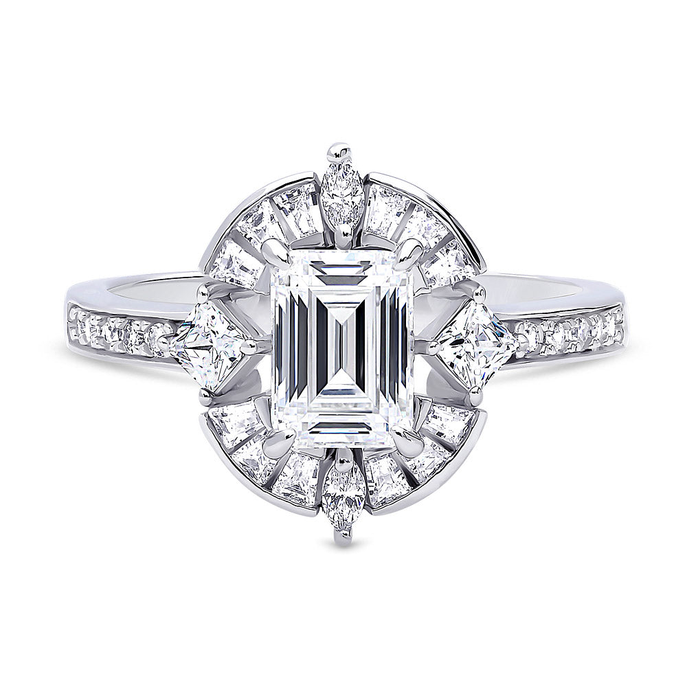 Halo Art Deco Emerald Cut CZ Ring in Sterling Silver