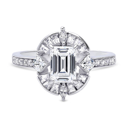 Halo Art Deco Emerald Cut CZ Ring in Sterling Silver