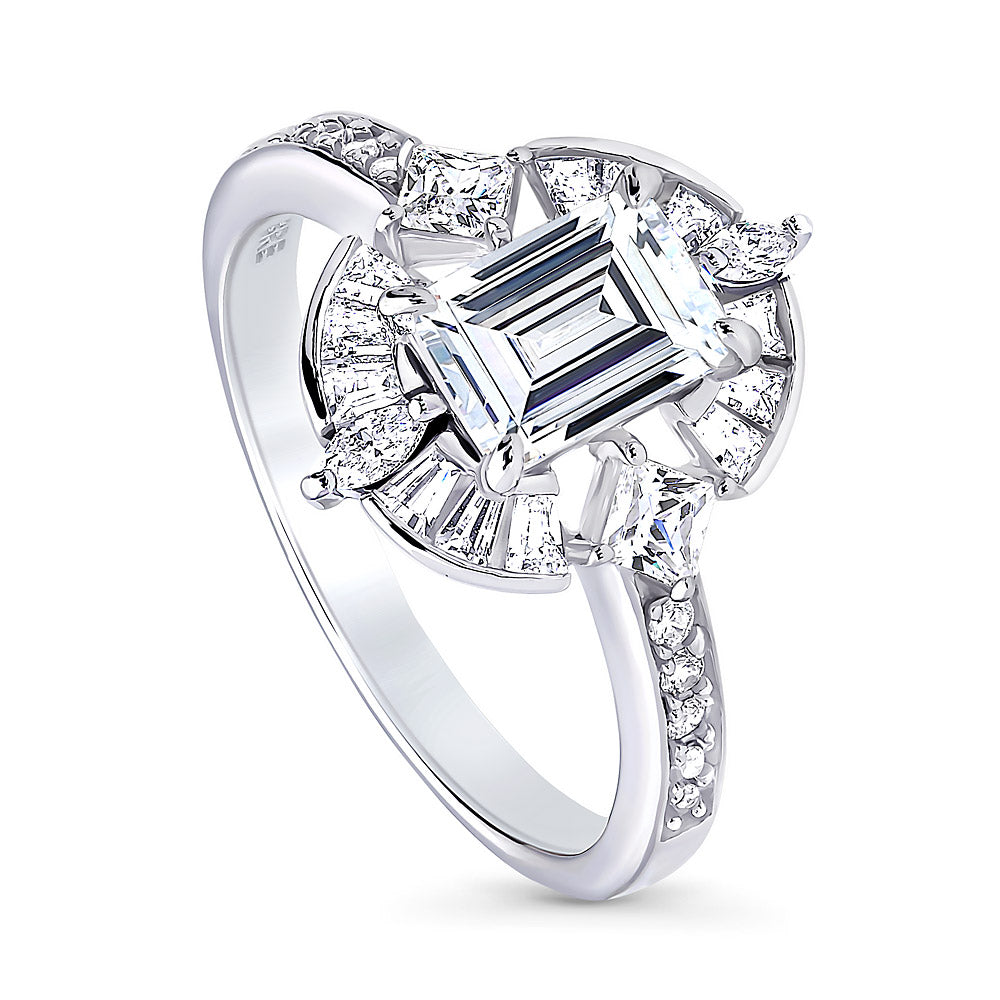 Front view of Halo Art Deco Emerald Cut CZ Ring in Sterling Silver, 4 of 10