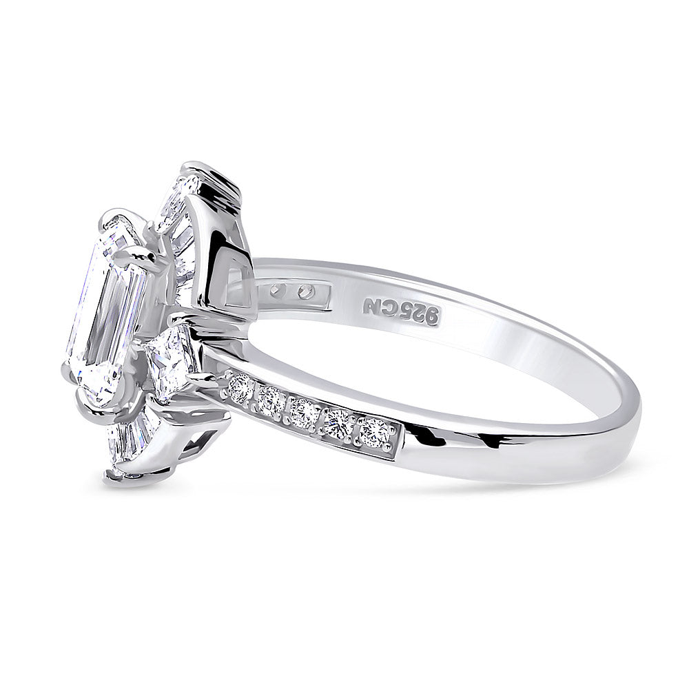 Angle view of Halo Art Deco Emerald Cut CZ Ring in Sterling Silver, 3 of 4