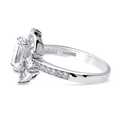 Halo Art Deco Emerald Cut CZ Ring in Sterling Silver