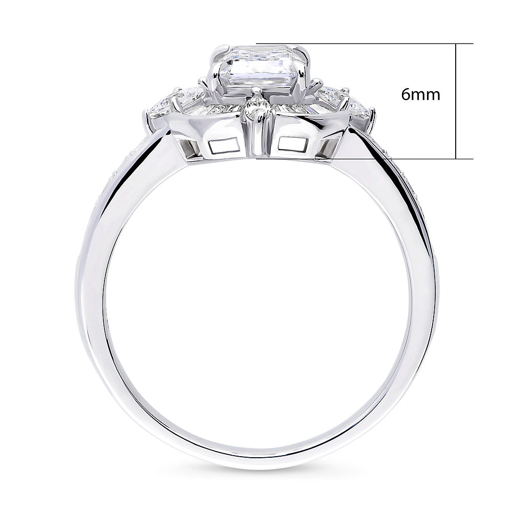 Alternate view of Halo Art Deco Emerald Cut CZ Ring in Sterling Silver, 8 of 10