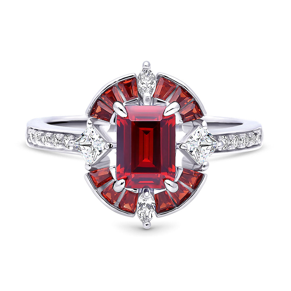 Halo Art Deco Simulated Garnet CZ Ring in Sterling Silver, 1 of 7