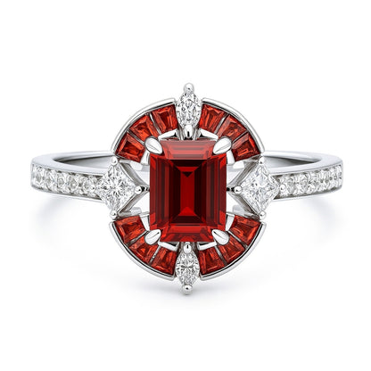 Halo Art Deco Garnet-Red Emerald Cut CZ Ring in Sterling Silver