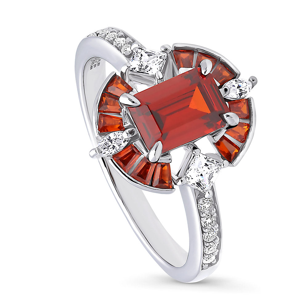 Front view of Halo Art Deco Simulated Garnet CZ Ring in Sterling Silver, 4 of 7