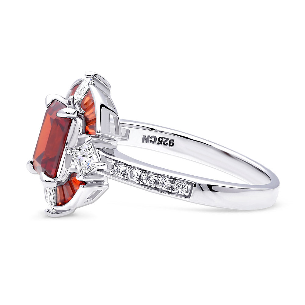 Angle view of Halo Art Deco Garnet-Red Emerald Cut CZ Ring in Sterling Silver, 5 of 7