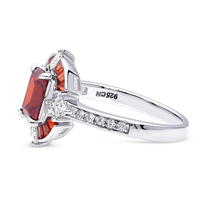 Halo Art Deco Garnet-Red Emerald Cut CZ Ring in Sterling Silver