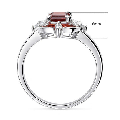Halo Art Deco Garnet-Red Emerald Cut CZ Ring in Sterling Silver