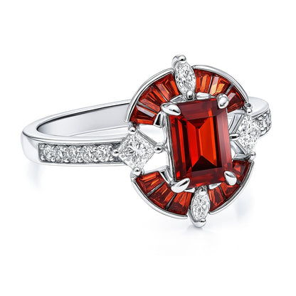 Halo Art Deco Garnet-Red Emerald Cut CZ Ring in Sterling Silver