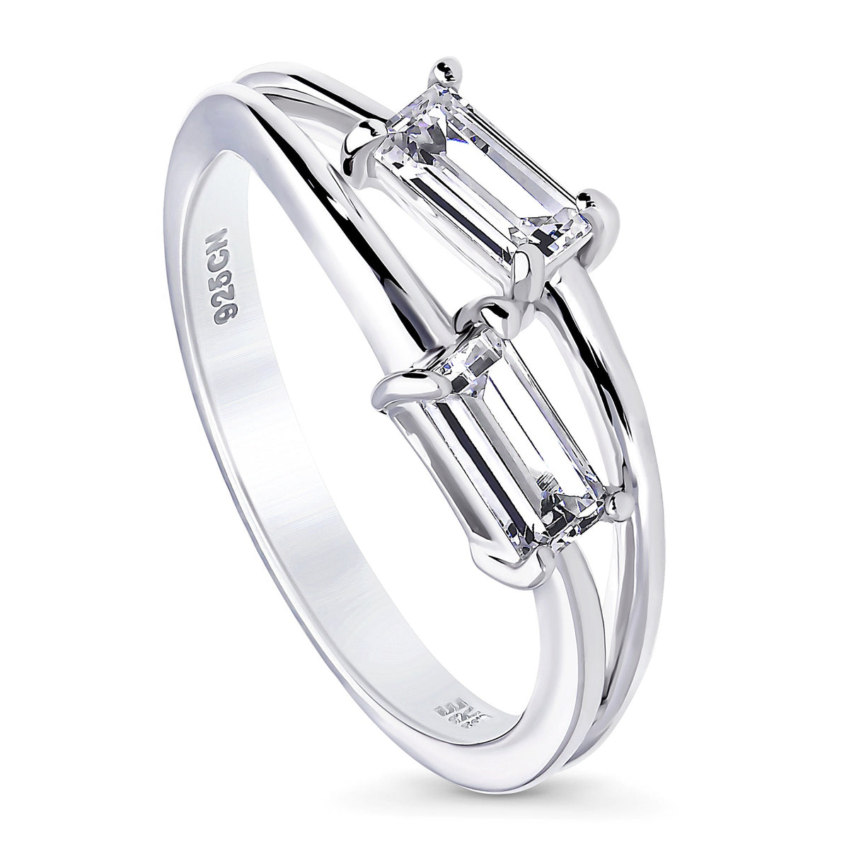 Front view of Bypass 2-Stone CZ Split Shank Ring in Sterling Silver, 3 of 8
