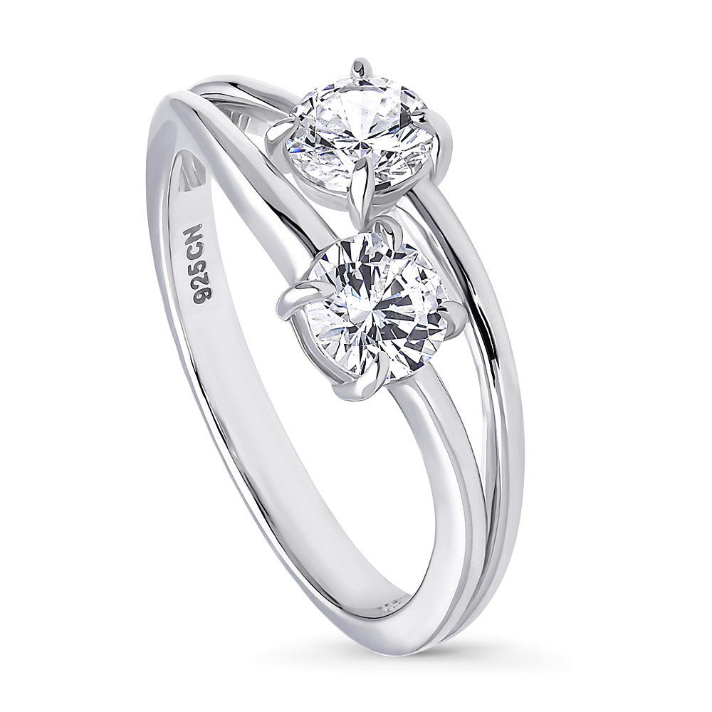Front view of Bypass 2-Stone CZ Split Shank Ring in Sterling Silver, 4 of 10