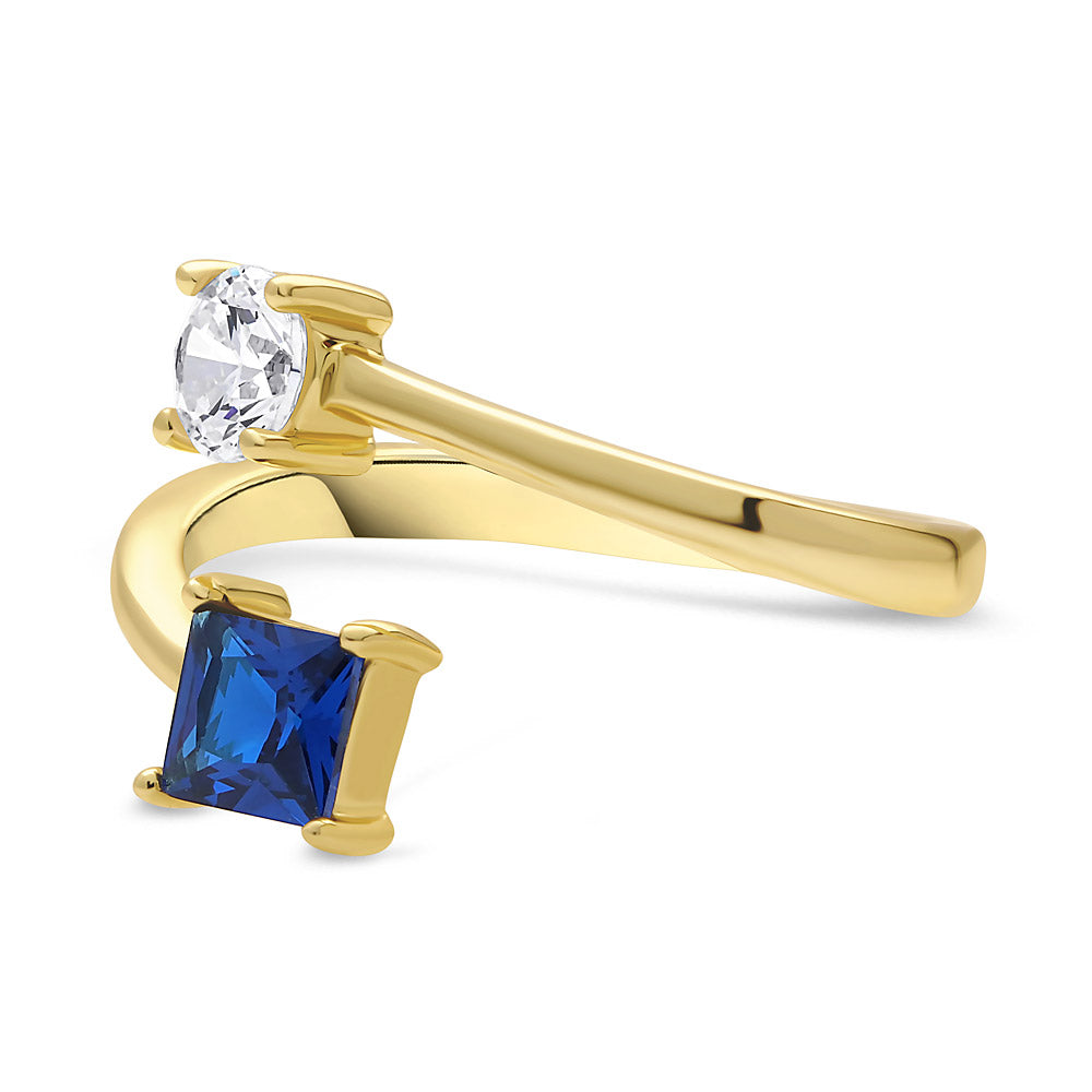 Angle view of Bypass Blue CZ Ring in Gold Flashed Sterling Silver, 5 of 11