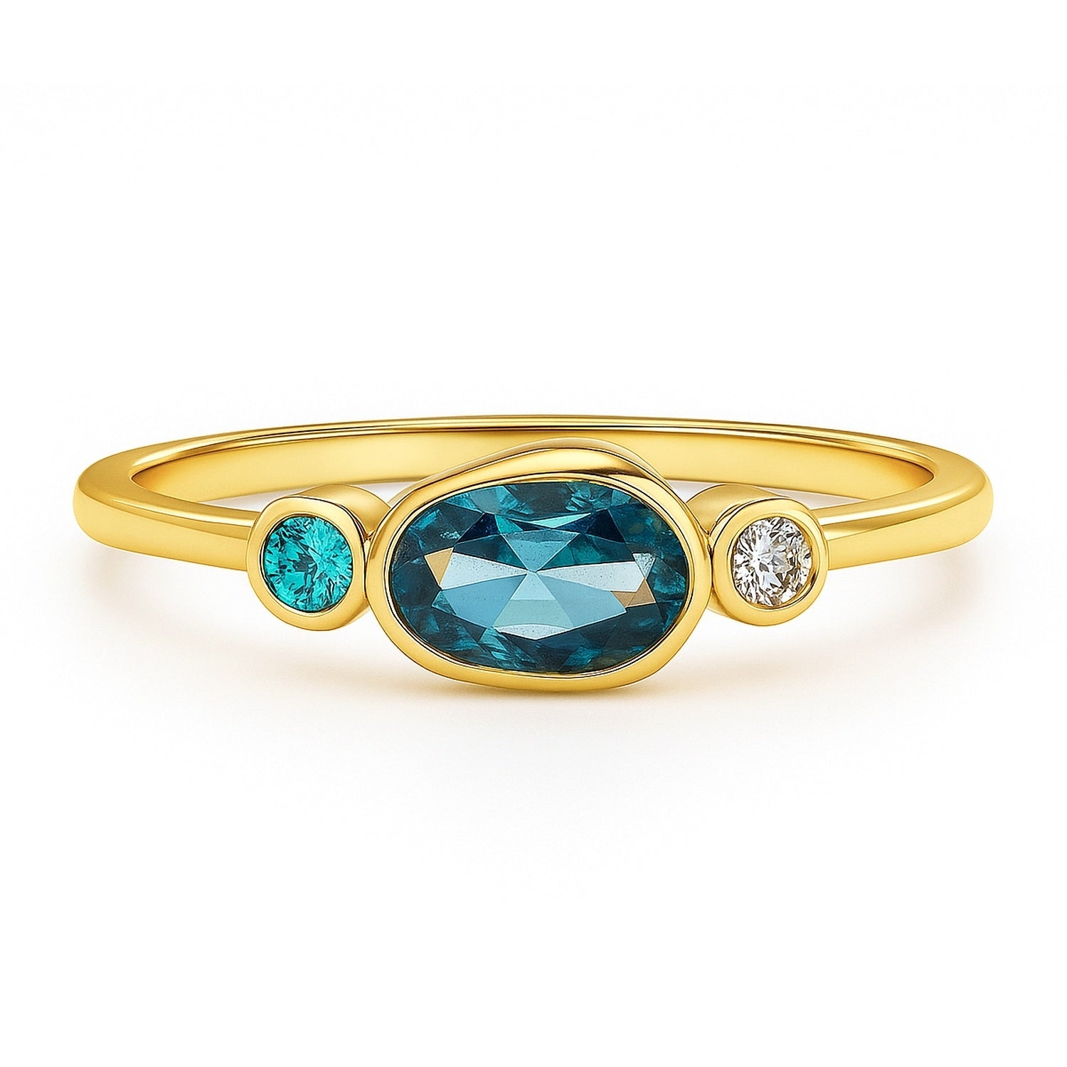 East-West 3-Stone Blue CZ Ring in Gold Flashed Sterling Silver, 1 of 7