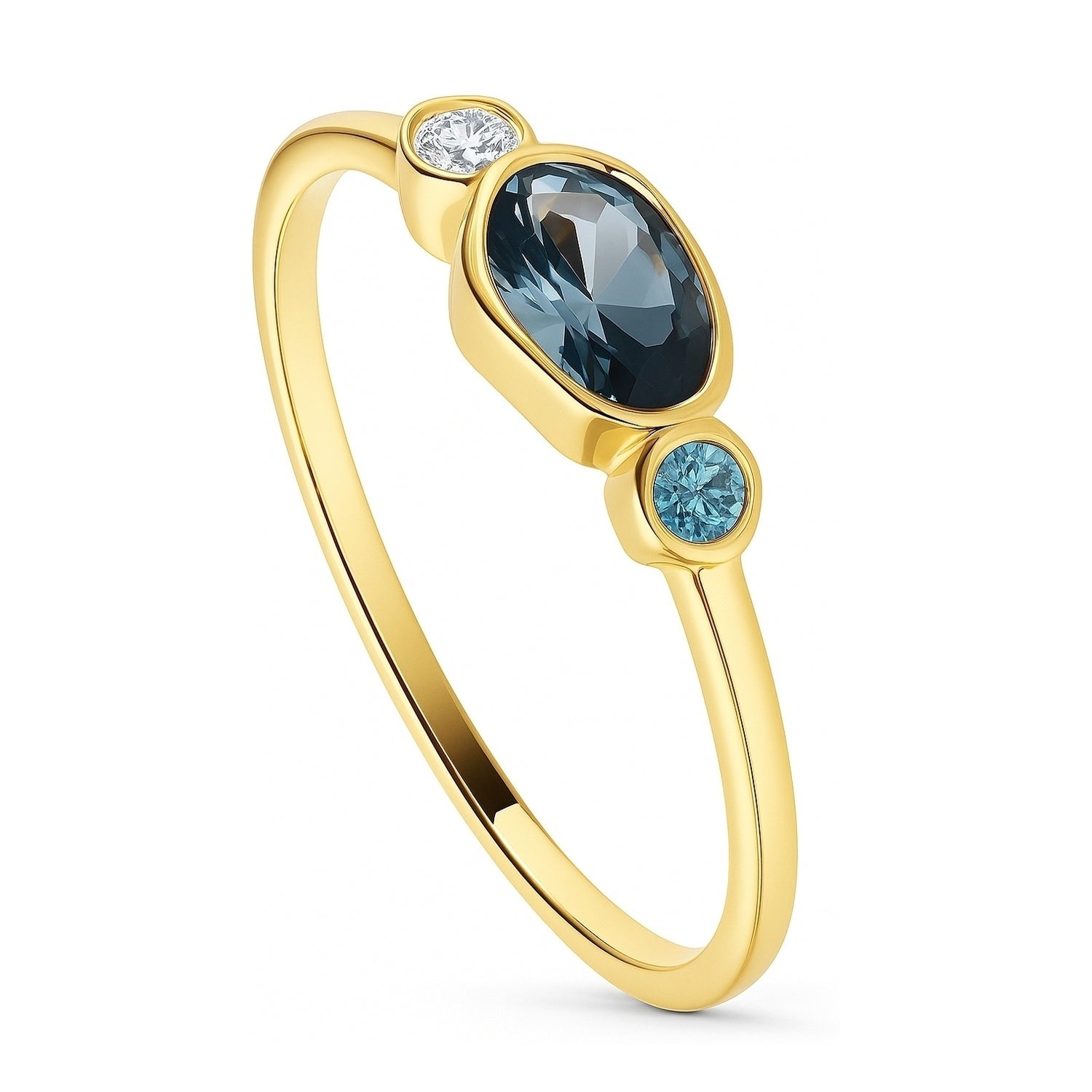 East-West 3-Stone Blue CZ Ring in Gold Flashed Sterling Silver