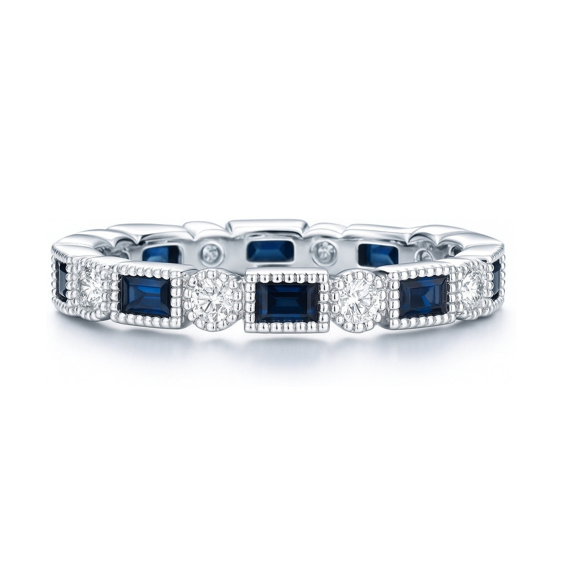 Art Deco Sapphire-Blue Bezel CZ Eternity Ring in Sterling Silver