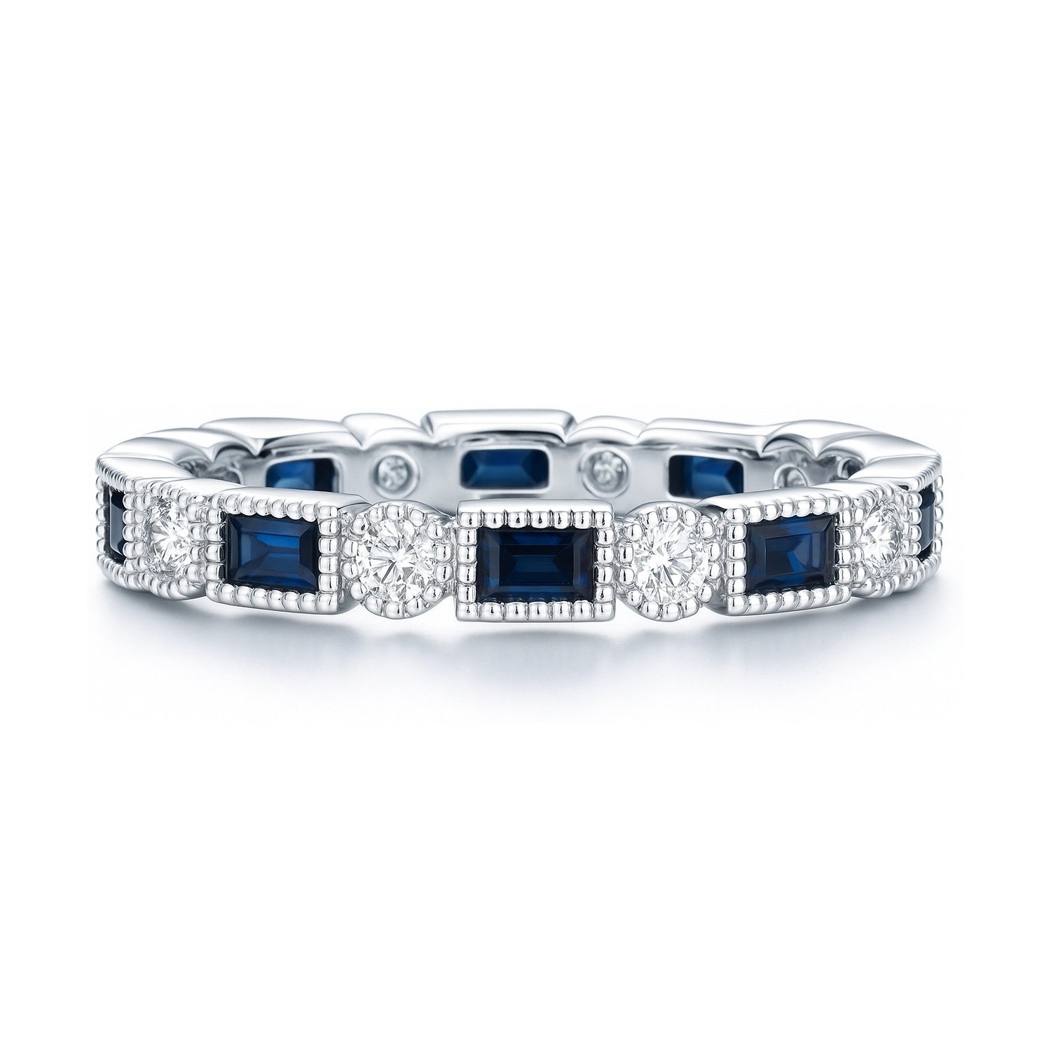 Art Deco Sapphire-Blue Bezel CZ Eternity Ring in Sterling Silver