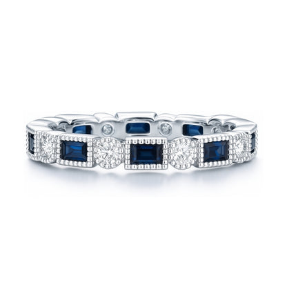 Art Deco Sapphire-Blue Bezel CZ Eternity Ring in Sterling Silver
