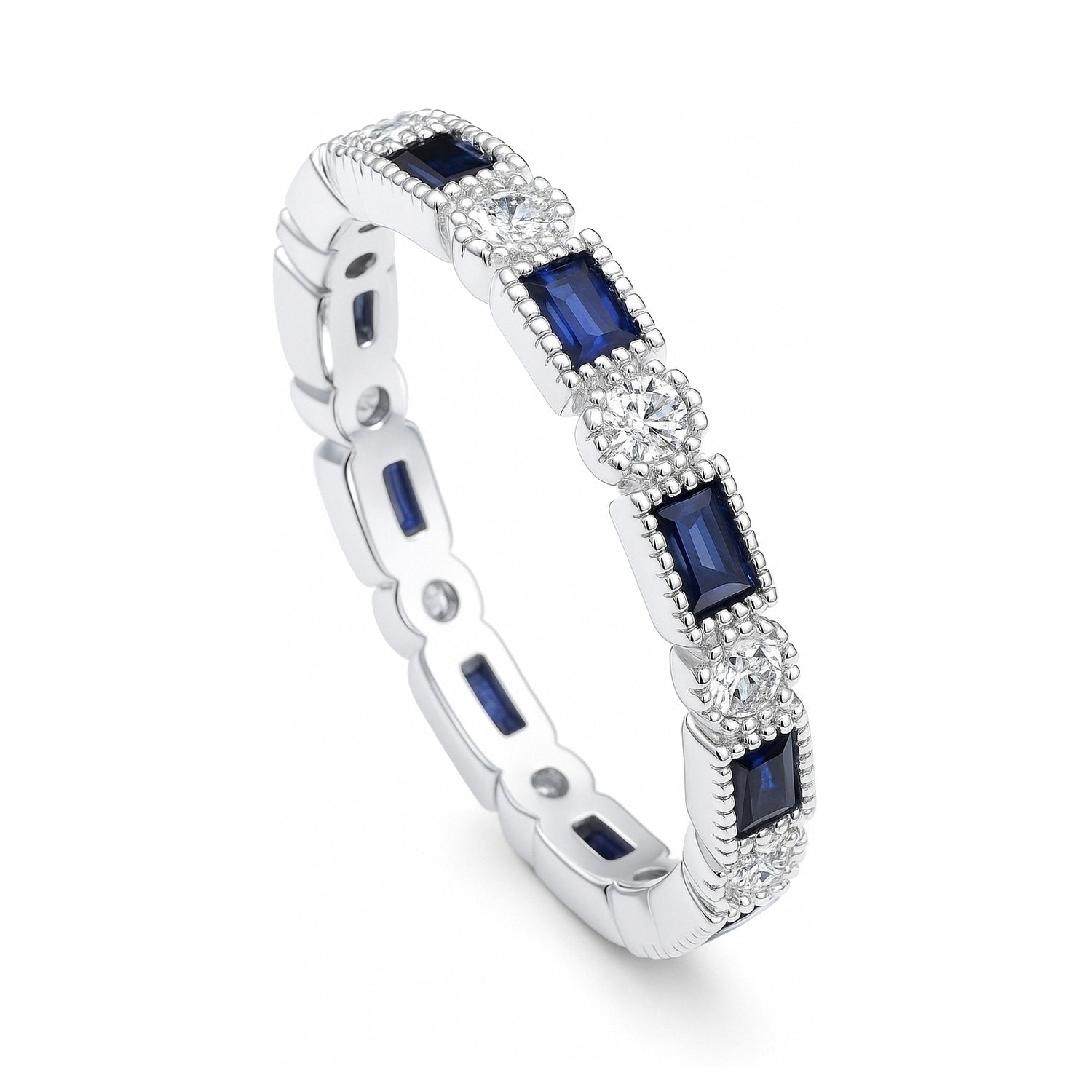 Art Deco Sapphire-Blue Bezel CZ Eternity Ring in Sterling Silver, 4 of 7