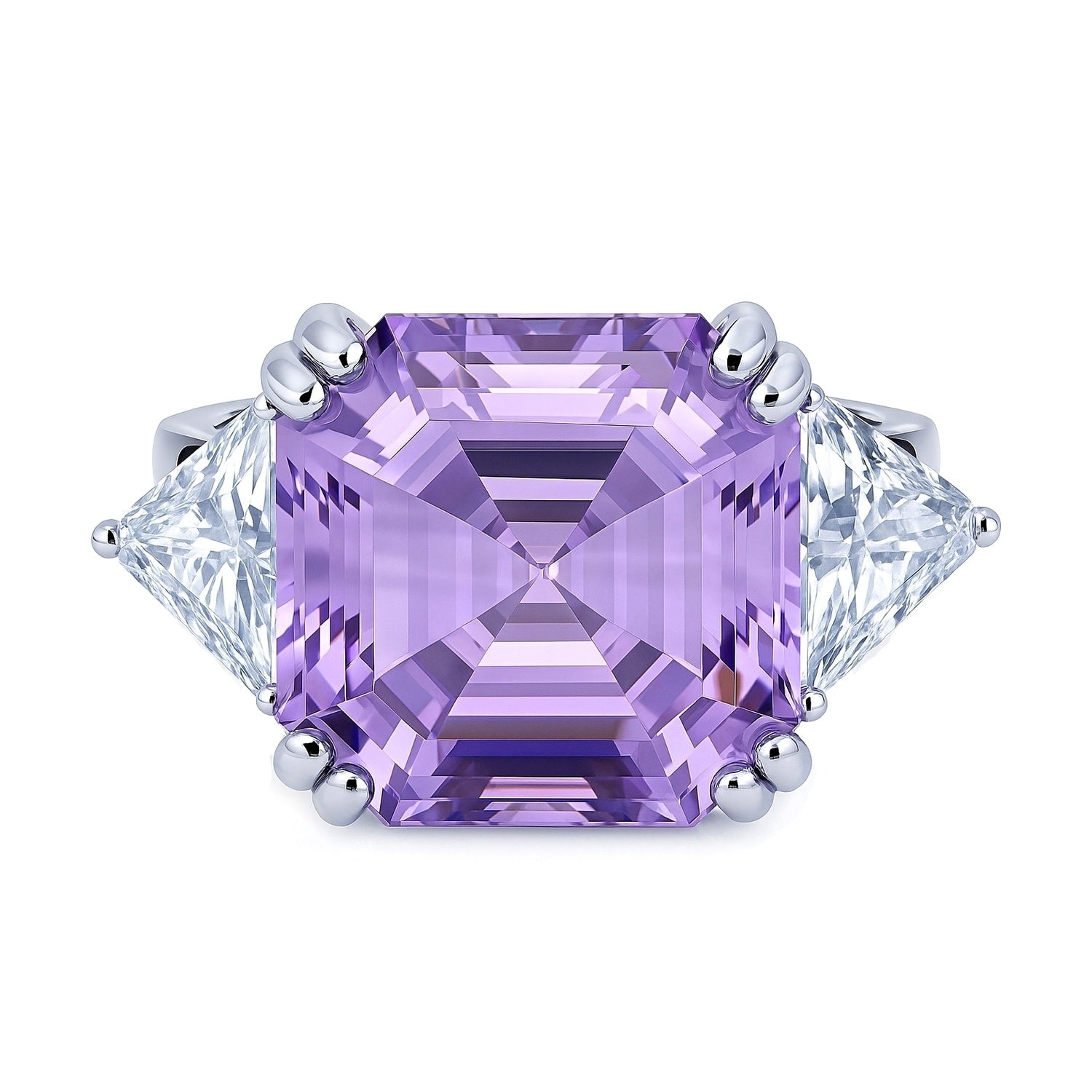 3-Stone 12.6ct Purple Asscher CZ Ring in Sterling Silver, 1 of 10