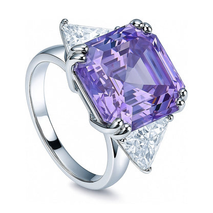 3-Stone 12.6ct Purple Asscher CZ Ring in Sterling Silver
